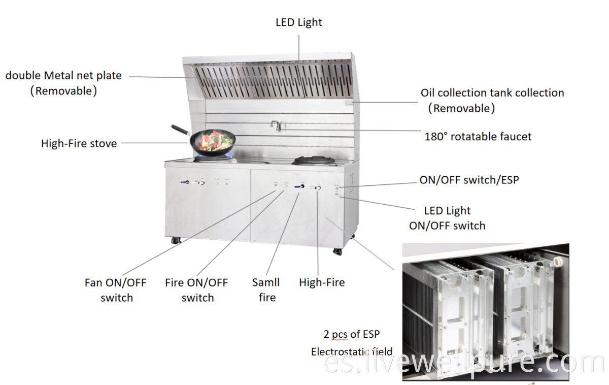 Capucha de gama de cocina de restaurante móvil con estufa de humos de aceite de filtro de aire electrostático